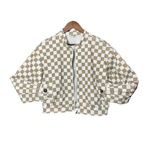 Camellia Women Medium Tan White Checkered Zip Up Pocket Bomber Jacket Streetwear